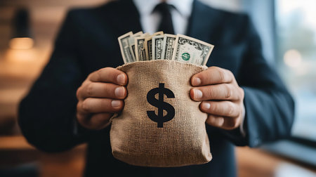 Businessman holding a bag with money in his hands. Close-up.の素材