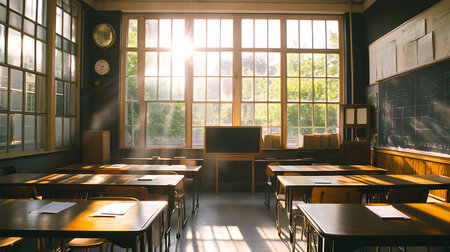 interior of a school classroom with tables and chairs in the sunlightの素材