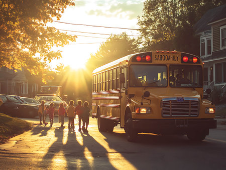 School bus on the street at sunset. Back to school concept.の素材