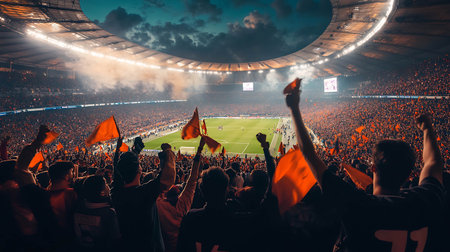 Football fans cheering for their favorite team during a match at the stadiumの素材