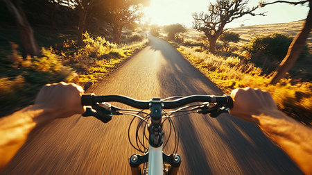 Cyclist Riding a Mountain Bike on a Dirt Road at Sunset.の素材