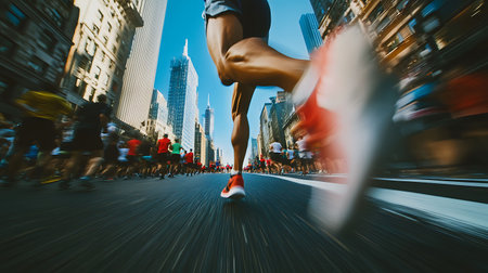 Marathon running race, people feet on city road with cityscape backgroundの素材