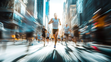People running in Times Square, NYC.の素材