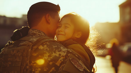 Happy asian father with his daughter in the city at sunset.の素材