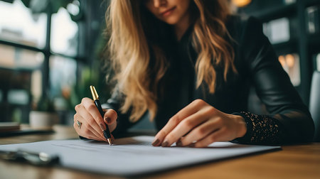 cropped view of businesswoman signing contract at table in coffee shopの素材
