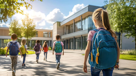 Back view of schoolgirl with backpack standing in front of school buildingの素材