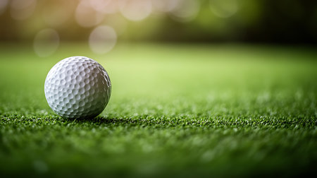 Golf ball on green grass with bokeh light background.の素材