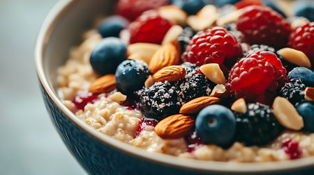 Oatmeal porridge with fresh berries and nuts in a bowl, closeupの素材