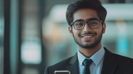 Portrait of smiling young businessman in eyeglasses using smartphone in officeの素材