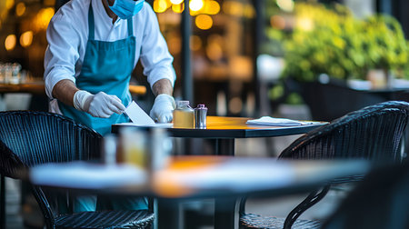 Close-up of a male waiter in apron, gloves and apron is making order in a restaurant.の素材