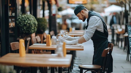 Coffee shop. Bearded young man in apron and cap sitting at the table and making coffeeの素材