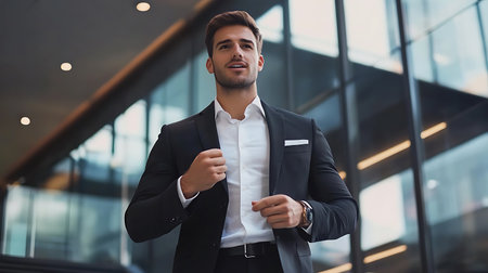 businessman in suit looking at wristwatch while standing in modern officeの素材