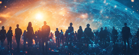 Group of business people silhouettes and social connection concept. Mixed mediaの素材