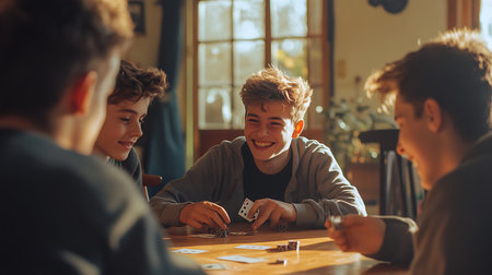 Group of friends playing board games at home. Young people having fun together.の素材