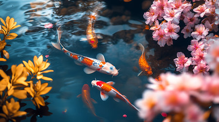 Koi fish in the pond with sakura blossom background.の素材