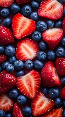 Fresh strawberries and blueberries as a background, top view, close-upの素材