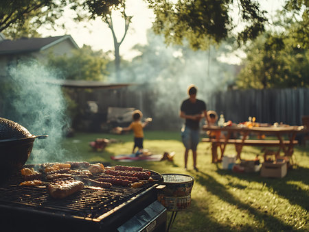 Family grilling sausages on a barbecue in the backyard.の素材