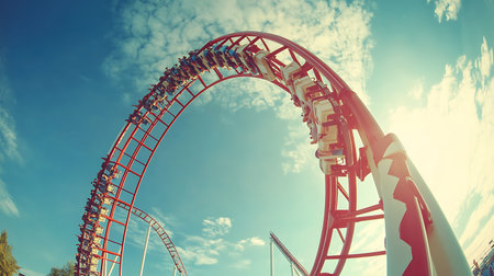 Rollercoaster on blue sky background, vintage toned.の素材
