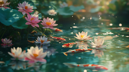 Koi fish and lotus flower in the pond with sunlight.の素材