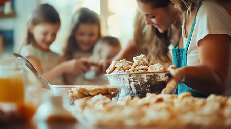Happy family is preparing cookies in the kitchen. Mother and children are preparing cookies.の素材