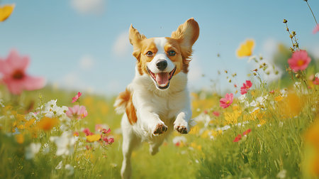 Cute welsh corgi dog running in the spring meadowの素材