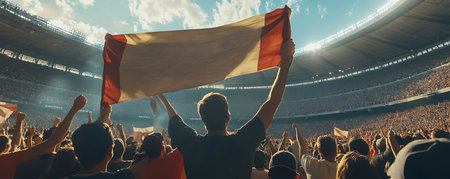 Silhouette of fan holding the flag of Peru at the stadiumの素材