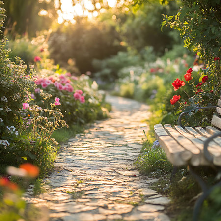 Beautiful summer landscape with a path in the garden. Sunset.の素材