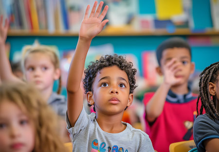 Portrait of cute african american boy with raised hand in classroomの素材
