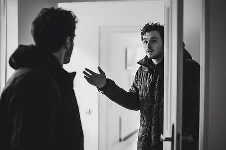 Young handsome man in black jacket standing in front of the mirror and looking at himself.の素材