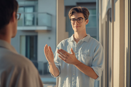 young businessman in eyeglasses talking with colleague while standing near windowの素材