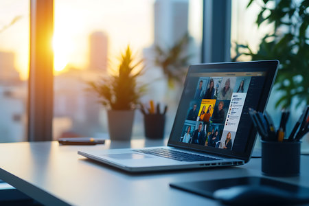 Laptop with video conference on screen. Online business meeting concept.の素材