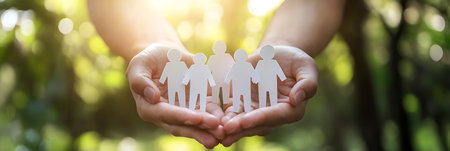 Human hands holding paper family in nature background. Family insurance concept.の素材