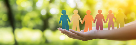 Hand holding paper family on blurred nature background. Concept of teamwork and partnership.の素材