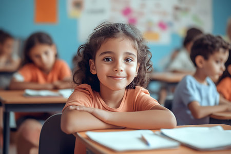 Cute little girl is looking at camera and smiling while sitting at the desk in classroomの素材