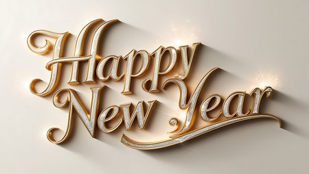 Happy New Year gold lettering on white background. 3D renderingの素材