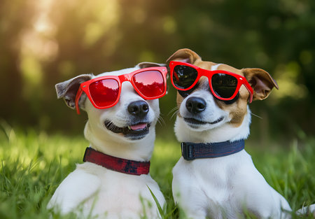 Two dogs wearing red sunglasses sitting on the grass in the park.の素材