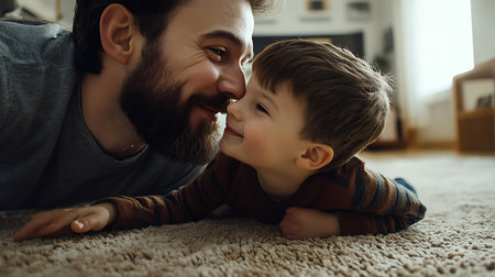 Happy father and son playing on the floor at home. Concept of happy family.の素材