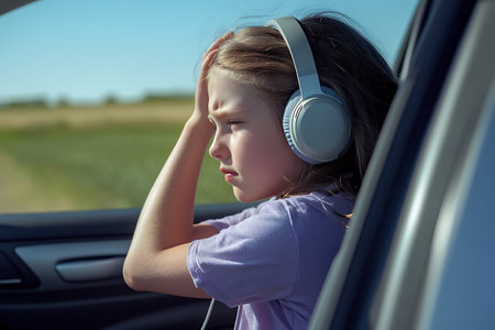 Little girl in headphones listening to music from the car. The concept of audiobook.の素材