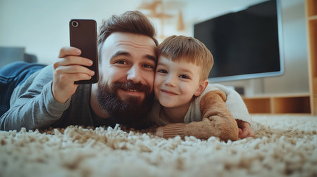 Father and son taking selfie with smartphone on the floor at home.の素材