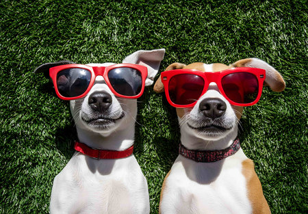 Two dogs with red sunglasses lying on the green grass, top viewの素材