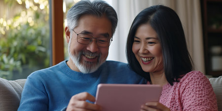Happy Asian senior couple using digital tablet while sitting on sofa at homeの素材