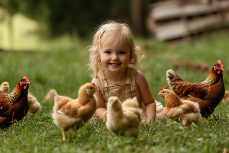 Cute little girl with chickens in the garden on a sunny dayの素材