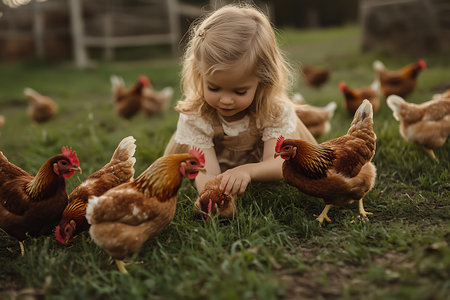 Cute little girl playing with chickens on the farm. Easter concept.の素材