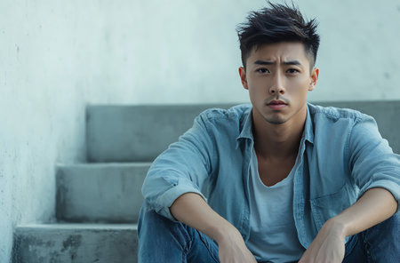 portrait of young asian man sitting on stairs and looking at cameraの素材