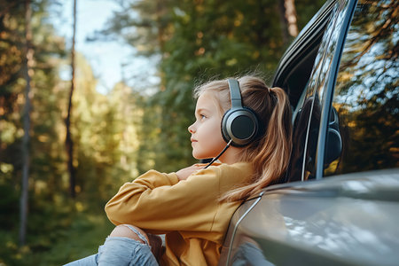 cute little girl in headphones listening to music while sitting in carの素材