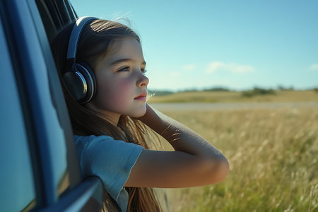 Little girl with headphones listening to music on the road in summer.の素材