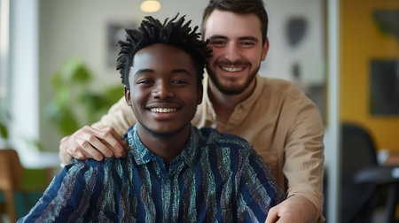 Portrait of smiling african american man embracing his colleague in officeの素材