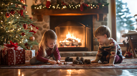 Two cute little children, boys and girls, playing with christmas presents near fireplace at homeの素材