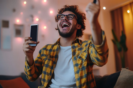 Cheerful young man in eyeglasses using smartphone while sitting on sofa at homeの素材