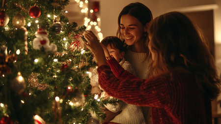 Happy mother and daughter decorating Christmas tree at home in the living roomの素材